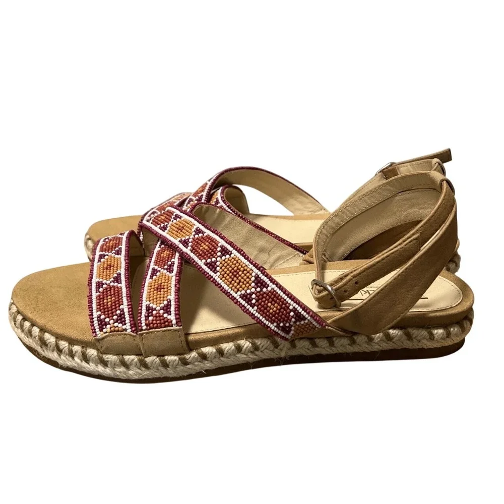 Laidback‎ London Sandals Women Tan Excellence Beaded Espadrille Boho Ankle Strap